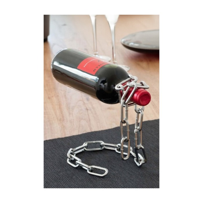 Suport metalic pentru sticla de vin ChainWine Doty®, in forma de lant, design creativ, efect de plutire, argintiu, 21x20 cm [5]