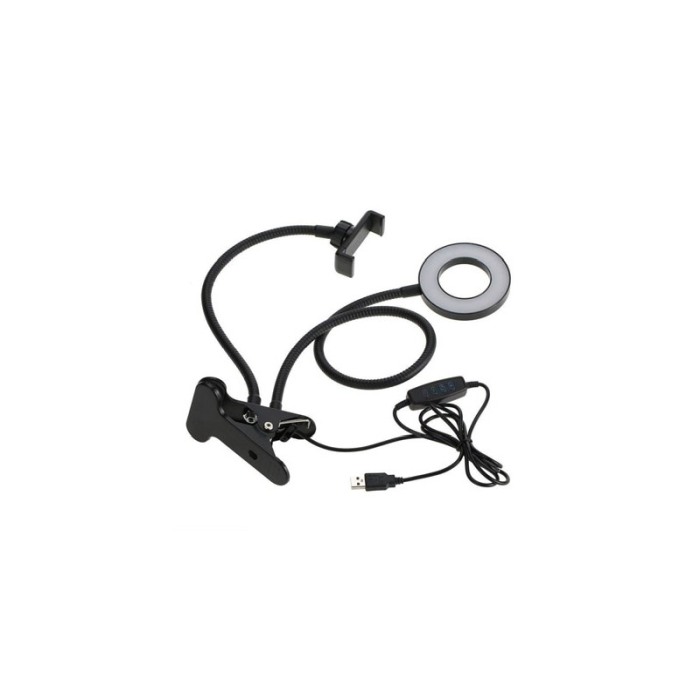 Suport pentru telefon LiveOnCamera Doty®, 3 moduri de lumina LED, fixare cu clema, 50 cm, negru [12]