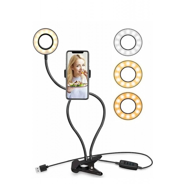 Suport pentru telefon LiveOnCamera Doty®, 3 moduri de lumina LED, fixare cu clema, 50 cm, negru [1]
