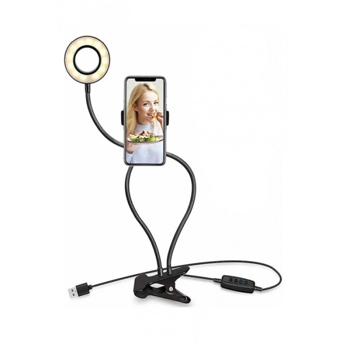 Suport pentru telefon LiveOnCamera Doty®, 3 moduri de lumina LED, fixare cu clema, 50 cm, negru [6]