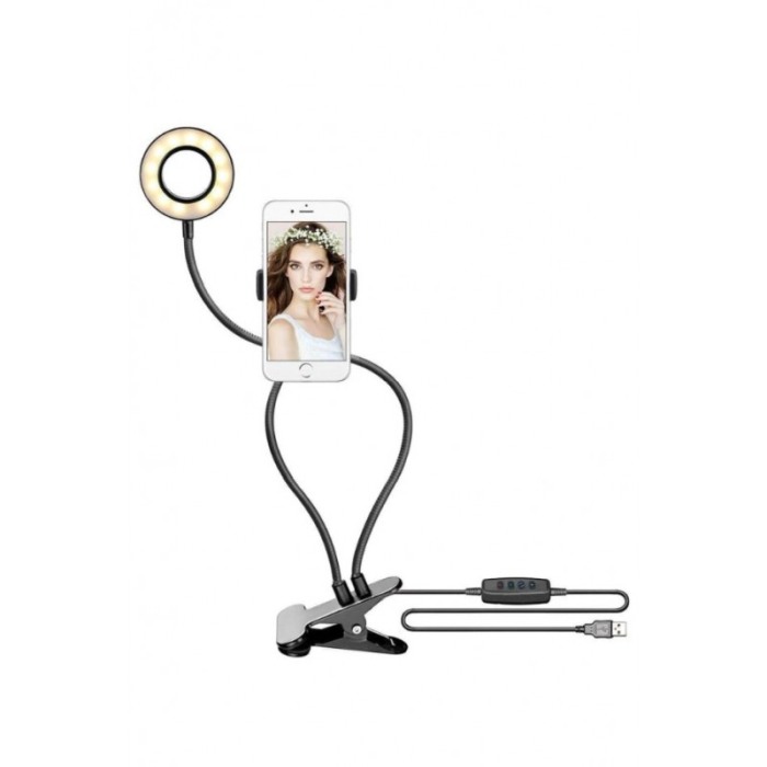 Suport pentru telefon LiveOnCamera Doty®, 3 moduri de lumina LED, fixare cu clema, 50 cm, negru [4]