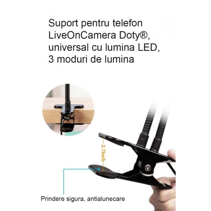 Suport pentru telefon LiveOnCamera Doty®, 3 moduri de lumina LED, fixare cu clema, 50 cm, negru [13]
