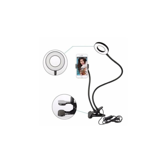 Suport pentru telefon LiveOnCamera Doty®, 3 moduri de lumina LED, fixare cu clema, 50 cm, negru [8]