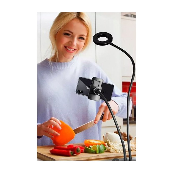 Suport pentru telefon LiveOnCamera Doty®, 3 moduri de lumina LED, fixare cu clema, 50 cm, negru [10]