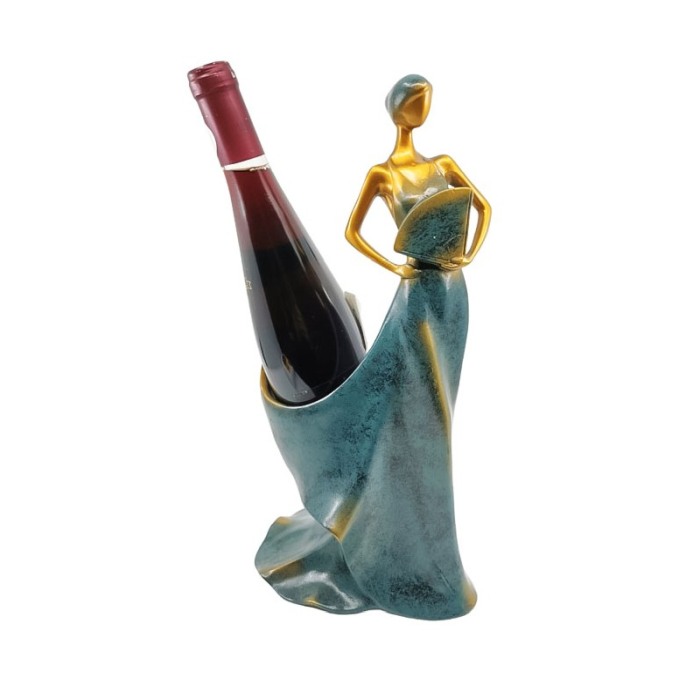 Suport sticla de vin FeminineLiquor, lucrat manual din rasina, model silueta femeie, turcoaz/auriu, 35x17 cm [1]