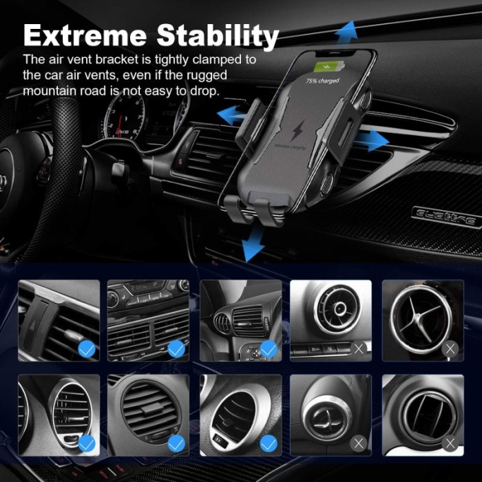 Suport telefon pentru auto cu incarcare wireless cu ventuza si clema grila ventilatie, Car Wireless Rapid Charger Full-Automatic [4]