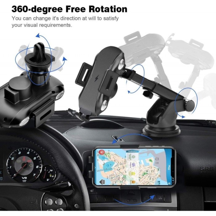 Suport telefon pentru auto cu incarcare wireless cu ventuza si clema grila ventilatie, Car Wireless Rapid Charger Full-Automatic [2]