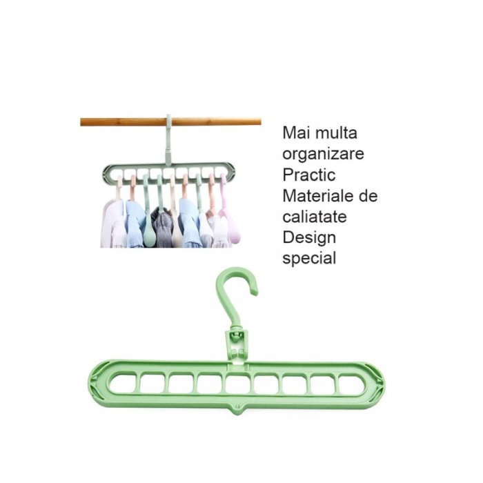 Suport umerase pentru organizarea hainelor MultiHanger Doty.ro®, 9 spatii, 32 cm, verde, design creativ [5]