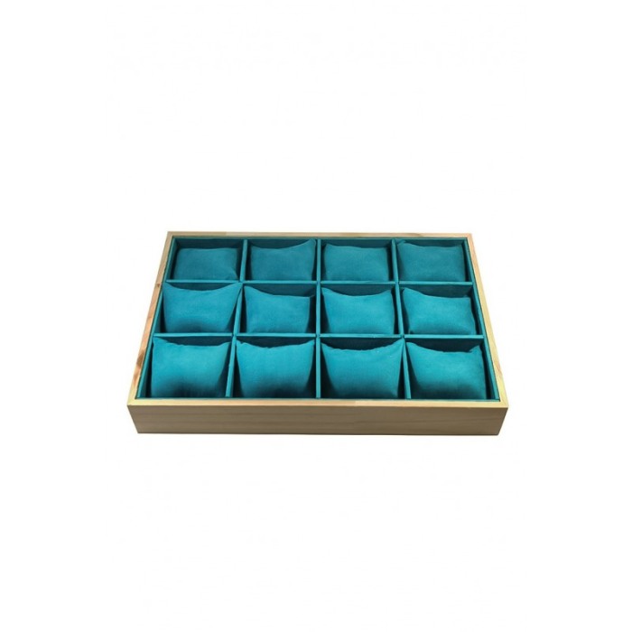 Suport Wood GreenVelvet de expunere ceasuri sau bratari, 12 spatii, 35x24x5cm, catifea verde smarald, Doty®️ [1]