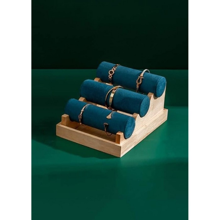 Suport Wood Velvet de expunere bratari si ceasuri, 3 forme cilidrice, 24 cm, catifea verde smarald, lemn bambus, Doty®️ [4]