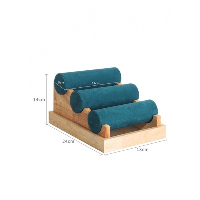 Suport Wood Velvet de expunere bratari si ceasuri, 3 forme cilidrice, 24 cm, catifea verde smarald, lemn bambus, Doty®️ [2]