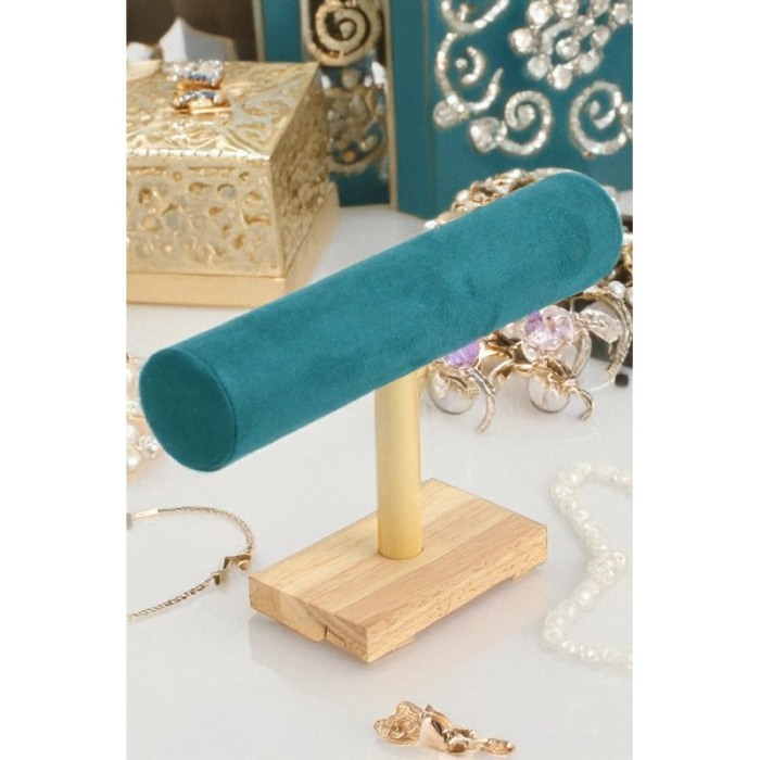 Suport Wood Velvet de expunere bratari si ceasuri, o forma cilindrica, 25 cm, catifea verde smarald, lemn bambus, Doty®️ [4]