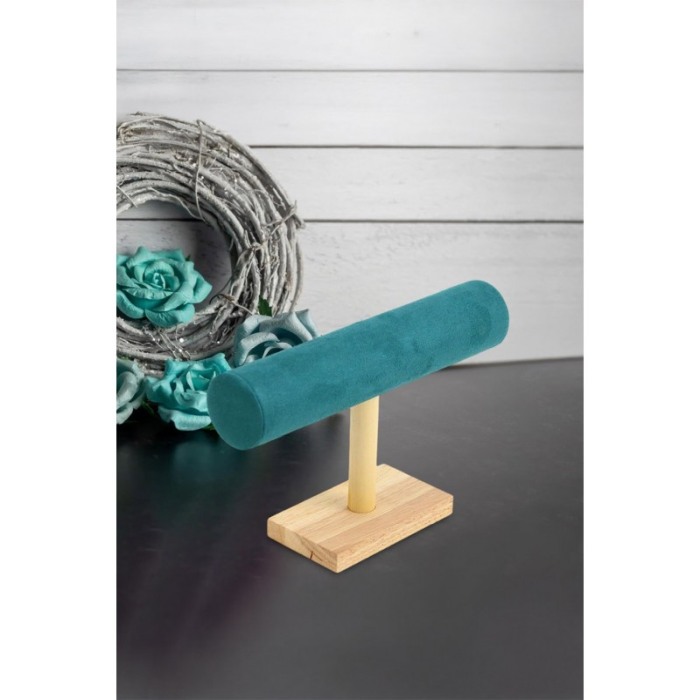 Suport Wood Velvet de expunere bratari si ceasuri, o forma cilindrica, 25 cm, catifea verde smarald, lemn bambus, Doty®️ [3]