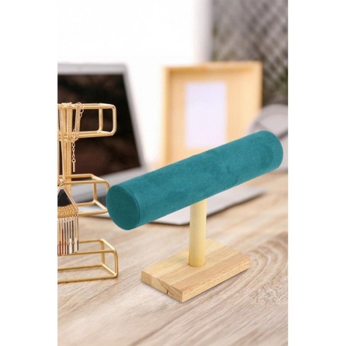 Suport Wood Velvet de expunere bratari si ceasuri, o forma cilindrica, 25 cm, catifea verde smarald, lemn bambus, Doty®️ [2]