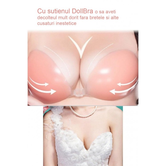 Sutien din silicon DollBra, fara bretele, cu banda adeziva, reutilizabil, efect de Push-up, cupa B, nude [4]
