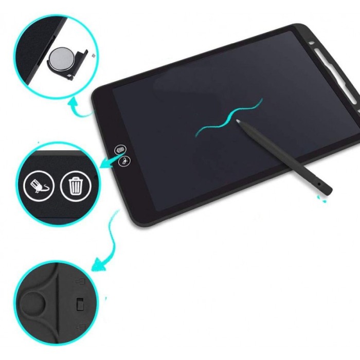 Tableta LCD desenat si scris, 12", pentru copii sau grafica , cu buton stergere si buton stergere partiala, negru cu alb, Doty [2]