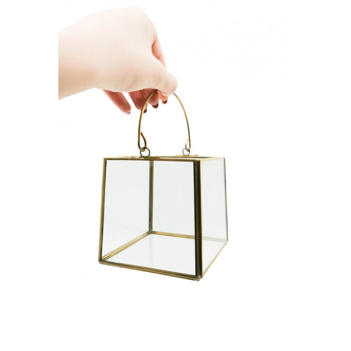 Vaza tip Terariu pentru plante HandleGolden Frame, forma cubica, din sticla si alama, transparent, 10x10 cm [2]