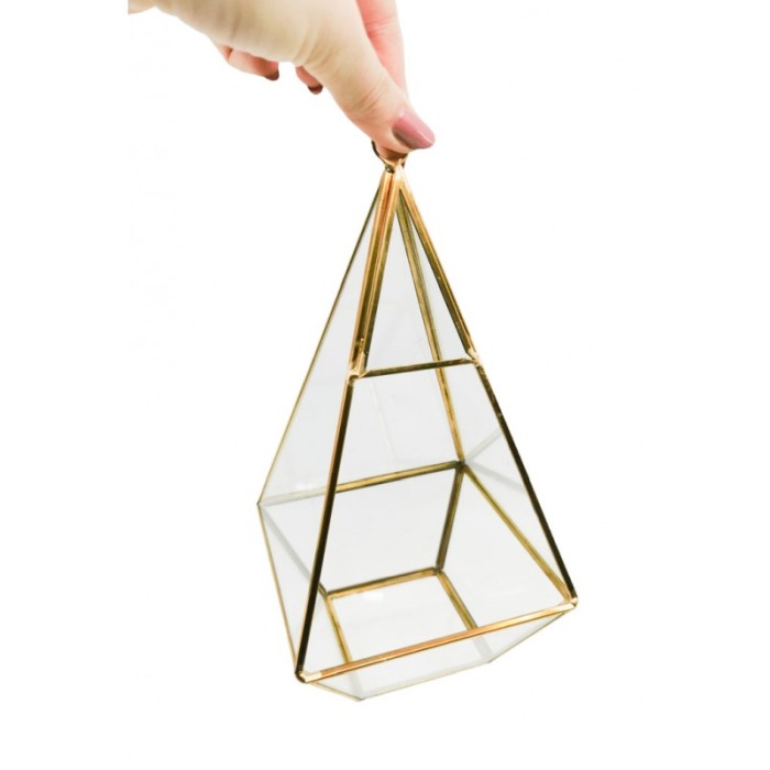 Vaza tip Terariu pentru plante Tall Golden Frame, forma hexagonala, din sticla si alama, transparent, 12x25 cm [5]