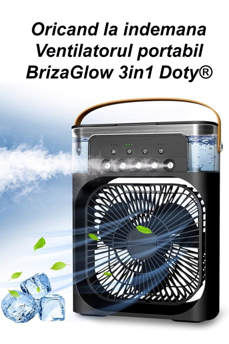 Ventilator portabil BrizaGlow 3 in1 Doty®, usor de utilizat si curatat, USB, Iluminare, Racorire, Ventilare, umidificare, negru, 25x19 cm, 3 viteze, timer. 60 de grade ajustare [9]