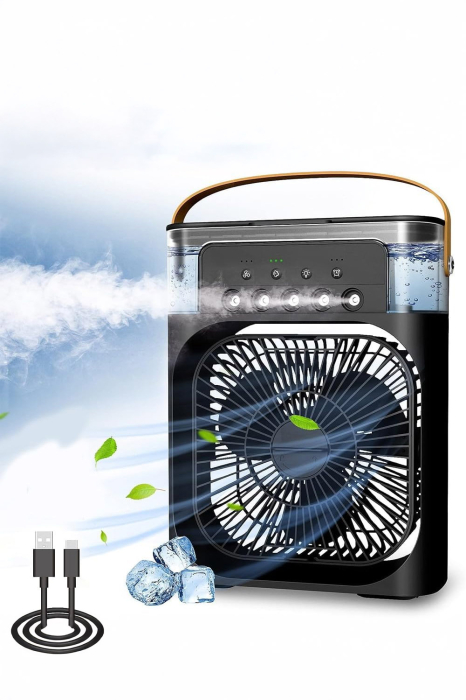 Ventilator portabil BrizaGlow 3 in1 Doty®, usor de utilizat si curatat, USB, Iluminare, Racorire, Ventilare, umidificare, negru, 25x19 cm, 3 viteze, timer. 60 de grade ajustare [3]