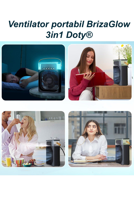 Ventilator portabil BrizaGlow 3 in1 Doty®, usor de utilizat si curatat, USB, Iluminare, Racorire, Ventilare, umidificare, negru, 25x19 cm, 3 viteze, timer. 60 de grade ajustare [10]
