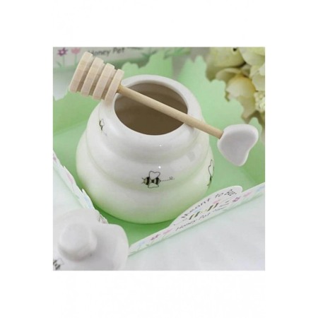 Borcan in miniatura din ceramica pentru miere Sweet Honey, include lingurita de lemn ,150 g, forma stup de albine, alb, doty [3]