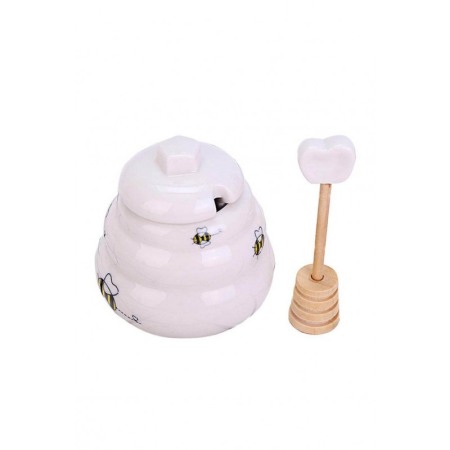 USTENSILE & ARTICOLE BUCATARIE - Borcan in miniatura din ceramica pentru miere Sweet Honey, include lingurita de lemn ,150 g, forma stup de albine, alb, doty