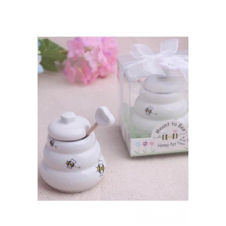 Borcan in miniatura din ceramica pentru miere Sweet Honey, include lingurita de lemn ,150 g, forma stup de albine, alb, doty [2]