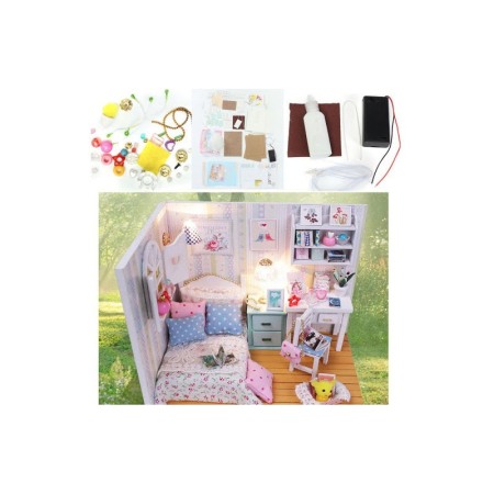 Casa de construit, artizanala din lemn DIY, dimensiune 19 cm, cu leduri si accesorii, Doty [6]