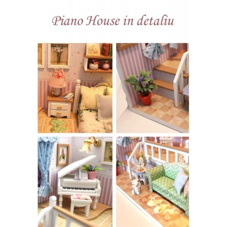 Casa de construit DIY Piano House, tip macheta, miniatura artizanala, scala 1:24, cu leduri si accesorii, Doty®️ [7]