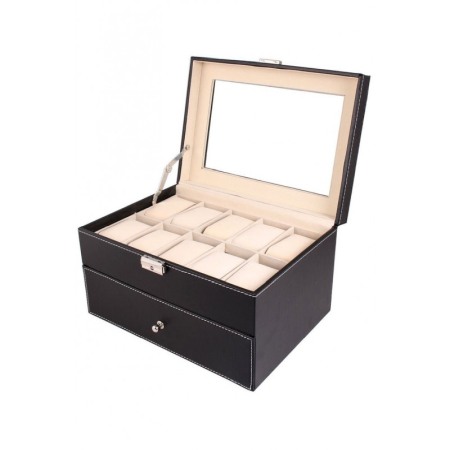 CUTII SI ORGANIZATORE - Caseta de Depozitare Ceasuri , 20 Spatii , Piele ecologica negru mat , inchidere cu clema ,28 cm , Doty