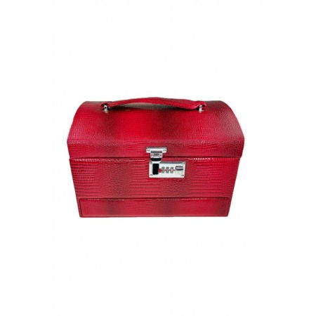 Caseta Gen Cufar de bijuterii, cu oglinda, sertar si multiple compartimente Piele ecologica stil Croco Culoare Rosie si cifru [2]