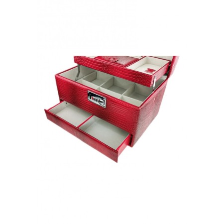 Caseta Gen Cufar de bijuterii, cu oglinda, sertar si multiple compartimente Piele ecologica stil Croco Culoare Rosie si cifru [3]