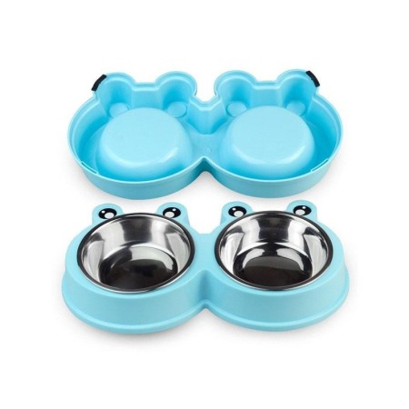 Castron dublu in forma de broasca pentru caini si pisici cu boluri din inox detasabile, Albastru, Doty [7]