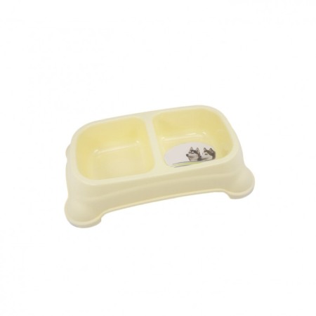 Boluri și distribuitoare de hrană și apă - Castron dublu Rainwbow Bowl pentru animale, picioare antiderapante, galben pal, 35 x 22 cm, Doty