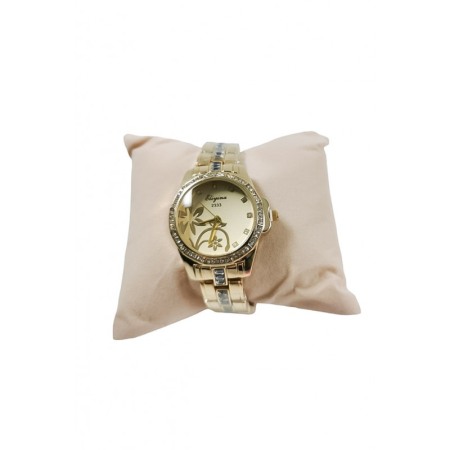 Cadouri unice - Ceas dama LuxuryFlower, mecanism Quartz, bratara metalica aurie, pietre, 20 cm, design elegant, comfortabil si versatil