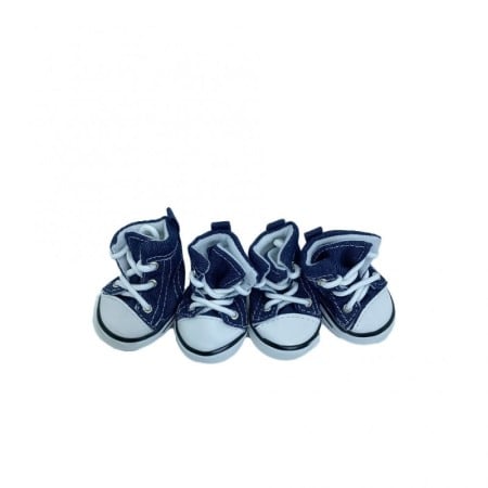 Îmbrăcăminte pentru câini - Cizmulite cu siret pentru catei de talie mica,model Jeans, masura L, bleu/alb, 7 X 5 cm