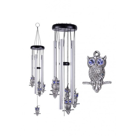 Clopotei de vant FengBlueOwl, cu bufnita intelepciunii, design elegant din metal si lemn, argintiu/negru, 65 cm, Doty®️ [2]