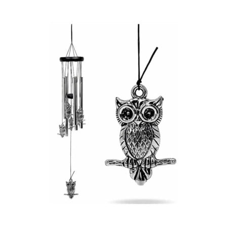 DECO - Clopotei de vant FengOwl, cu bufnita intelepciunii, design elegant din metal si lemn, argintiu/negru, 65 cm, Doty®️