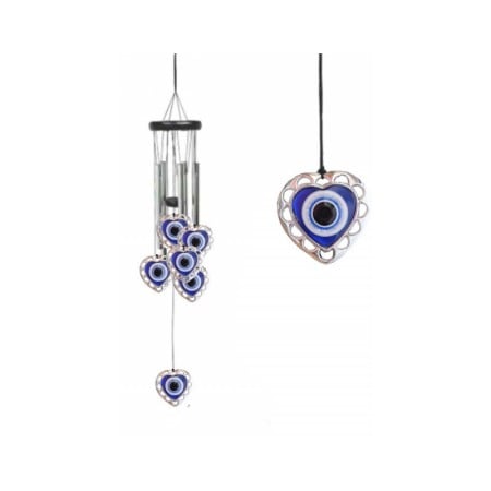 DECO - Clopotei de vant HeartFengEye, cu ochiul protector, design elegant din metal si lemn, culoare argintiu, 67 cm, Doty®️