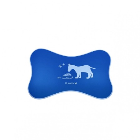 Boluri și distribuitoare de hrană și apă - Covoras Happy Puppy, din plastic, suport pentru bolurile de mancare sau apa, forma os, 50x30 cm, albastru