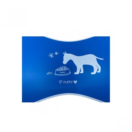 Covoras Happy Puppy, din plastic, suport pentru bolurile de mancare sau apa, forma os, 50x30 cm, albastru [3]