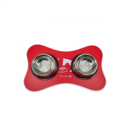 Covoras Happy Puppy, din plastic, suport pentru bolurile de mancare sau apa, forma os, 50x30 cm, rosu [4]