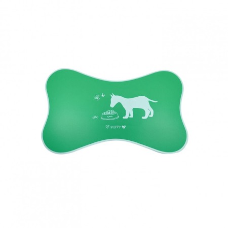 Boluri și distribuitoare de hrană și apă - Covoras Happy Puppy, din plastic, suport pentru bolurile de mancare sau apa, forma os, 50x30 cm, verde