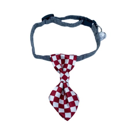 Pisici - Cravata Ring Raley, pentru animale de companie, mici,32-24 cm, reglabila, clopotel inclus, model carouri, rosu/alb