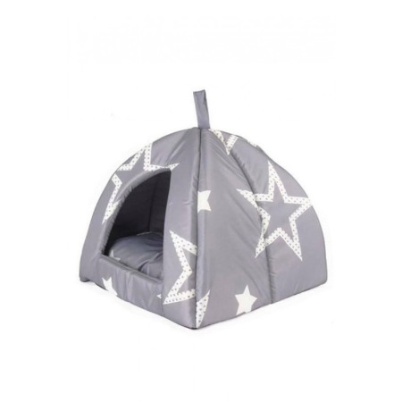 Paturi și coșuri pentru câini - Culcus pentru pisici sau caini de talie mica PuffBed Doty®, tip cort, pernuta inclusa, 37x35 cm, gri, design cu stele