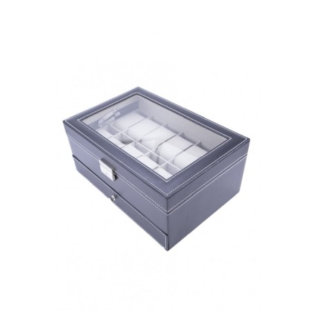 Cutie 12 ceasuri Azure , caseta eleganta neagra pentru ceasuri, piele ecologica,interior captusit cu catifea,sertar pentru bijut [6]