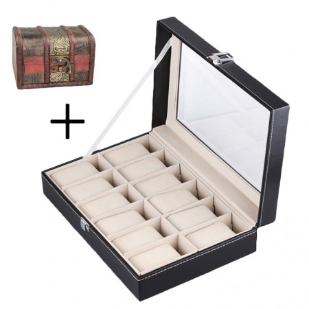 CUTII SI ORGANIZATORE - Cutie 12 ceasuri , caseta eleganta neagra pentru ceasuri + cadou cutie lemn depozitare bijuterii