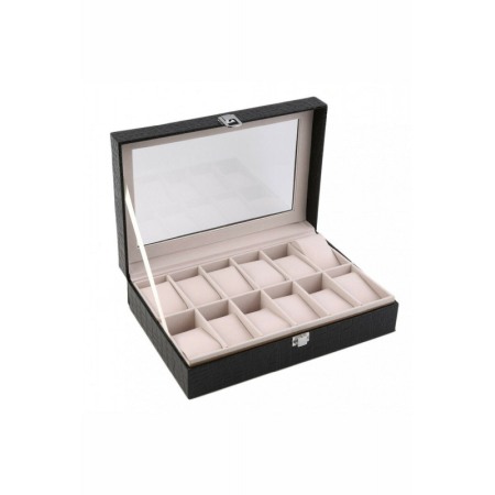 CUTII SI ORGANIZATORE - Cutie 12 ceasuri , caseta eleganta, neagru cu striatii(model croco) pentru ceasuri + cadou cutie lemn depozitare bijuterii