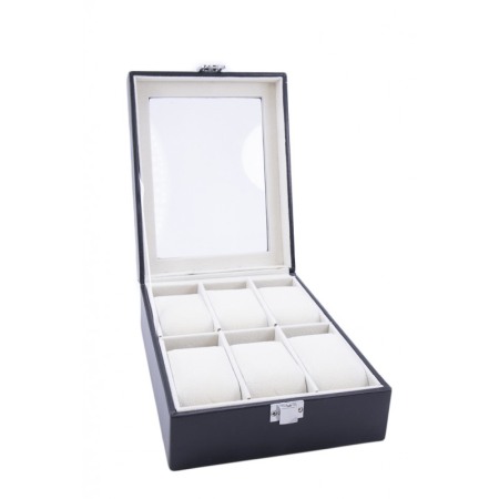 CUTII SI ORGANIZATORE - Cutie 6 ceasuri , caseta eleganta neagra pentru ceasuri, piele ecologica,interior captusit cu catifea